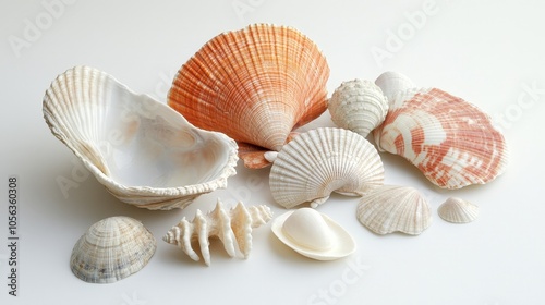 Artistic white surface displaying a single clam and assorted seashells, highlighting their unique features and the natural charm of these ocean finds