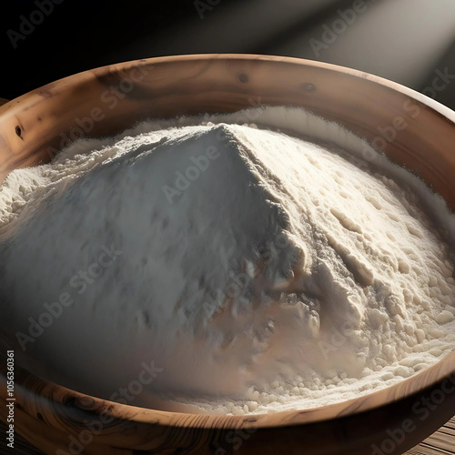 White flour in a wooden bowl