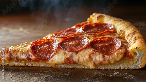 A slice of pepperoni pizza, steaming hot and fresh, sits on a wooden table