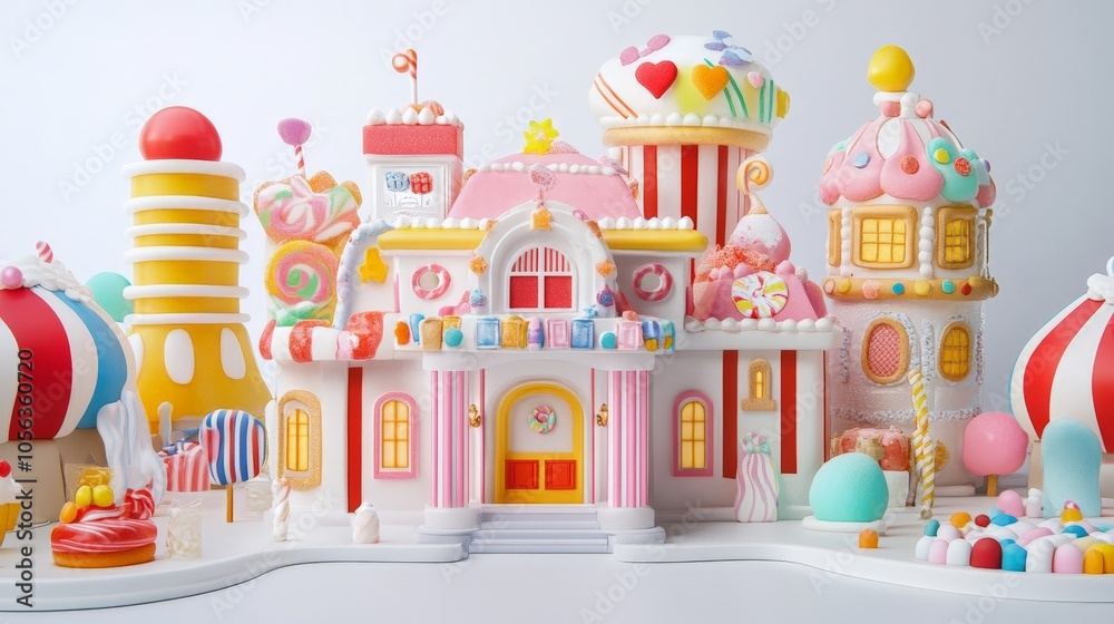 Artistic white surface featuring a charming candy-themed building, with intricate confectionery designs and colorful details