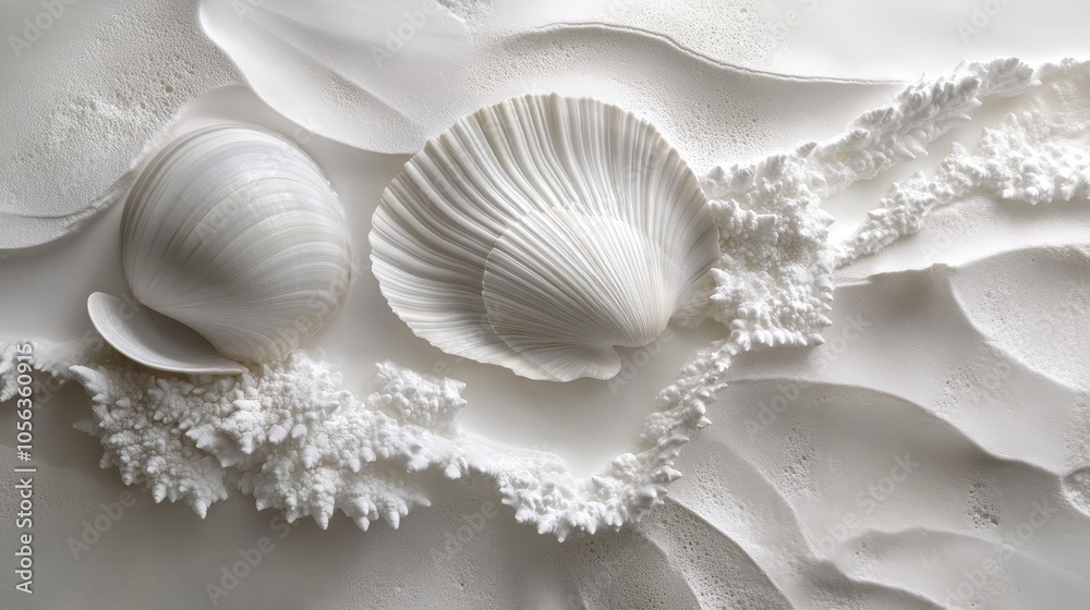 Artistic white surface featuring a close-up of a sea shell and clam, capturing their intricate details and elegance as shellfish Artistic white surface featuring a close-up of a sea shell and clam, capturing their intricate details and elegance as shellfish