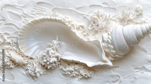 Artistic white surface featuring a conch shell and clam, highlighting their unique shapes and the marine elegance of these invertebrates