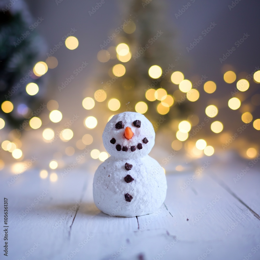 Obraz premium Festive miniature winter snowman figure illuminated by warm golden bokeh lights on white rustic wooden planks for Christmas holidays.