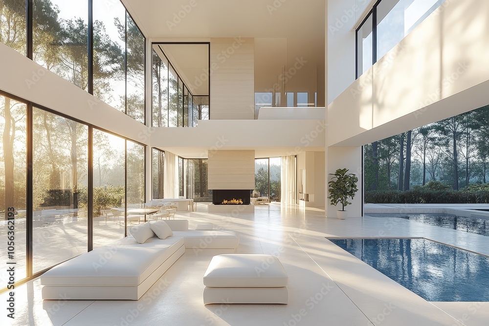 Fototapeta premium Modern Minimalist Interior Design with Pool and Fireplace
