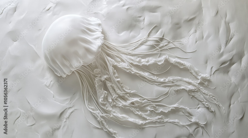 Artistic white surface showcasing a delicate jellyfish, emphasizing its graceful movements and intricate invertebrate features Artistic white surface showcasing a delicate jellyfish, emphasizing its graceful movements and intricate invertebrate features