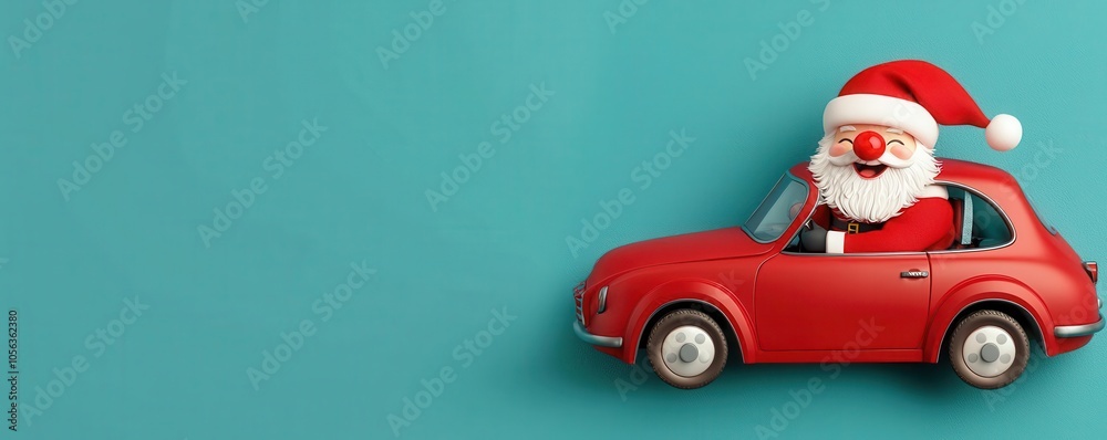 A cheerful Santa in a red car smiles against a turquoise background, embodying festive spirit and holiday joy.