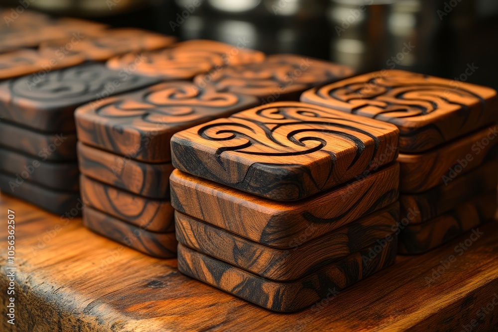 Stack of Hand Carved Wooden Coasters with Swirling Pattern Stack of Hand Carved Wooden Coasters with Swirling Pattern
