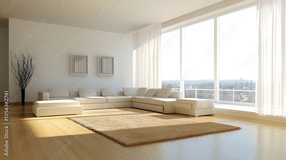 Fototapeta premium Modern Living Room with White Sofa and City View