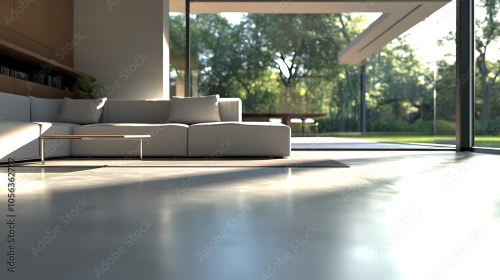 Fototapeta premium Modern Living Room with View of Lush Greenery