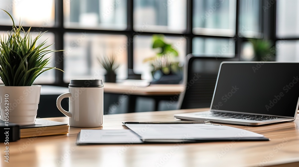 Modern Office Workspace with Laptop and Coffee Cup Modern Office Workspace with Laptop and Coffee Cup