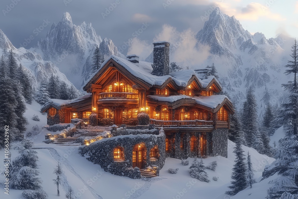 Cozy Cabin in Snowy Mountains at Dusk Cozy Cabin in Snowy Mountains at Dusk