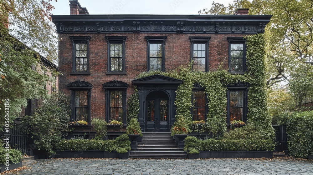 Historic Brick Row House with Black Trim and Ivy Historic Brick Row House with Black Trim and Ivy
