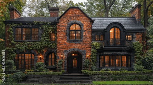 Elegant Brick Home with Black Trim and Ivy