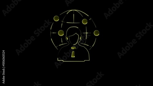 neon man, neon globe and man icon, internet, user, world, customer on black background. Earth team outline icon