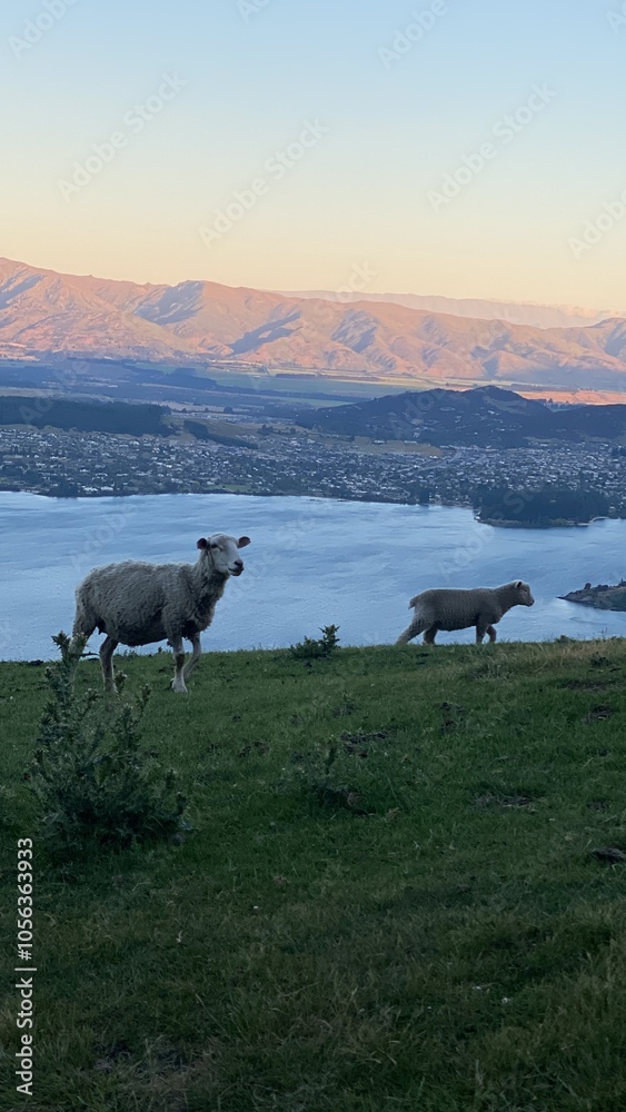 Obraz premium Sheep and lambs on the Mount Roy, Roys peak in Wanaka, South Island, New Zealand 