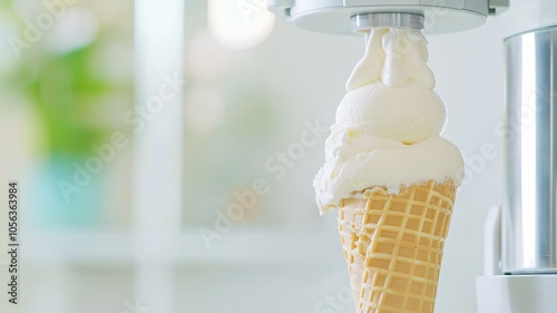 Close-Up of an Ice Cream Machine Dispensing Creamy Vanilla Ice Cream into a Cone