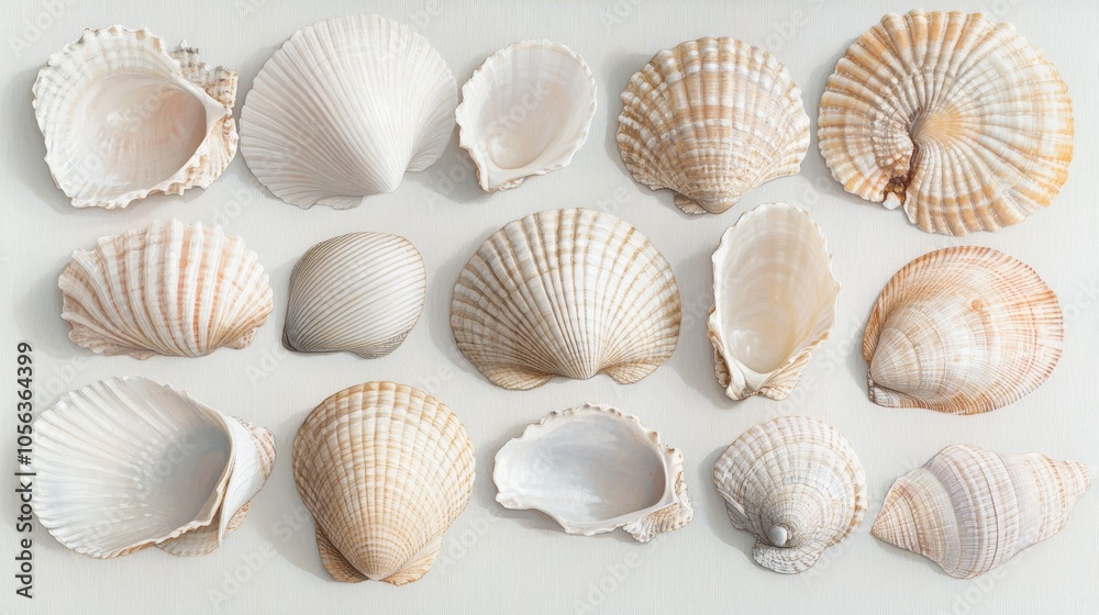 Artistic white surface with a variety of beach seashells and a clam, highlighting their natural elegance and the texture of these ocean finds Artistic white surface with a variety of beach seashells and a clam, highlighting their natural elegance and the texture of these ocean finds