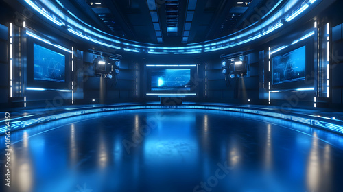 Futuristic 3D Rendered Studio with Blue Lighting and Screens