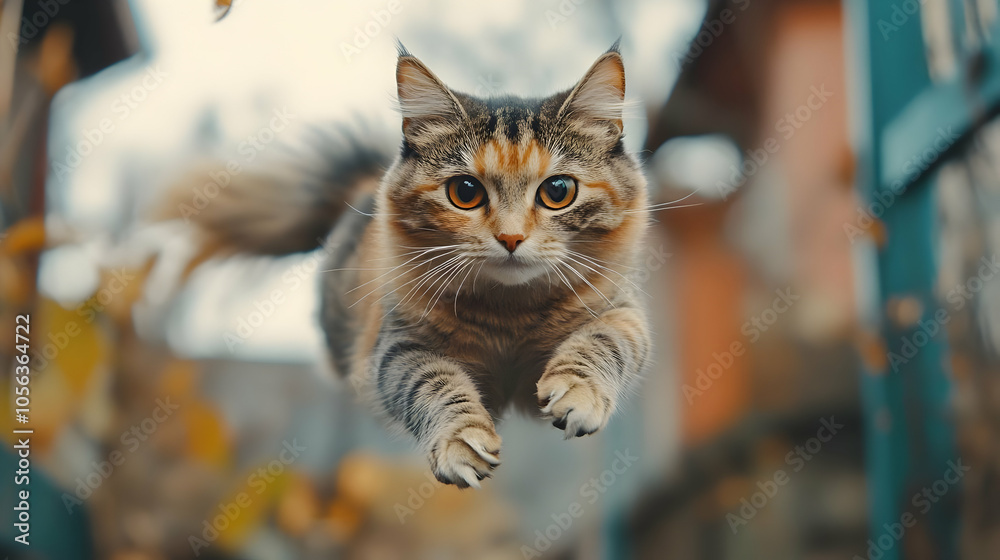 Cat Photo - Cute Feline with Orange Eyes Leaping Through the Air Cat Photo - Cute Feline with Orange Eyes Leaping Through the Air