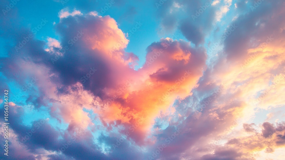 Beautiful heart-shaped clouds dance across the sky, blending blue and light pink colors, creating a picturesque view filled with warmth and affection Beautiful heart-shaped clouds dance across the sky, blending blue and light pink colors, creating a picturesque view filled with warmth and affection