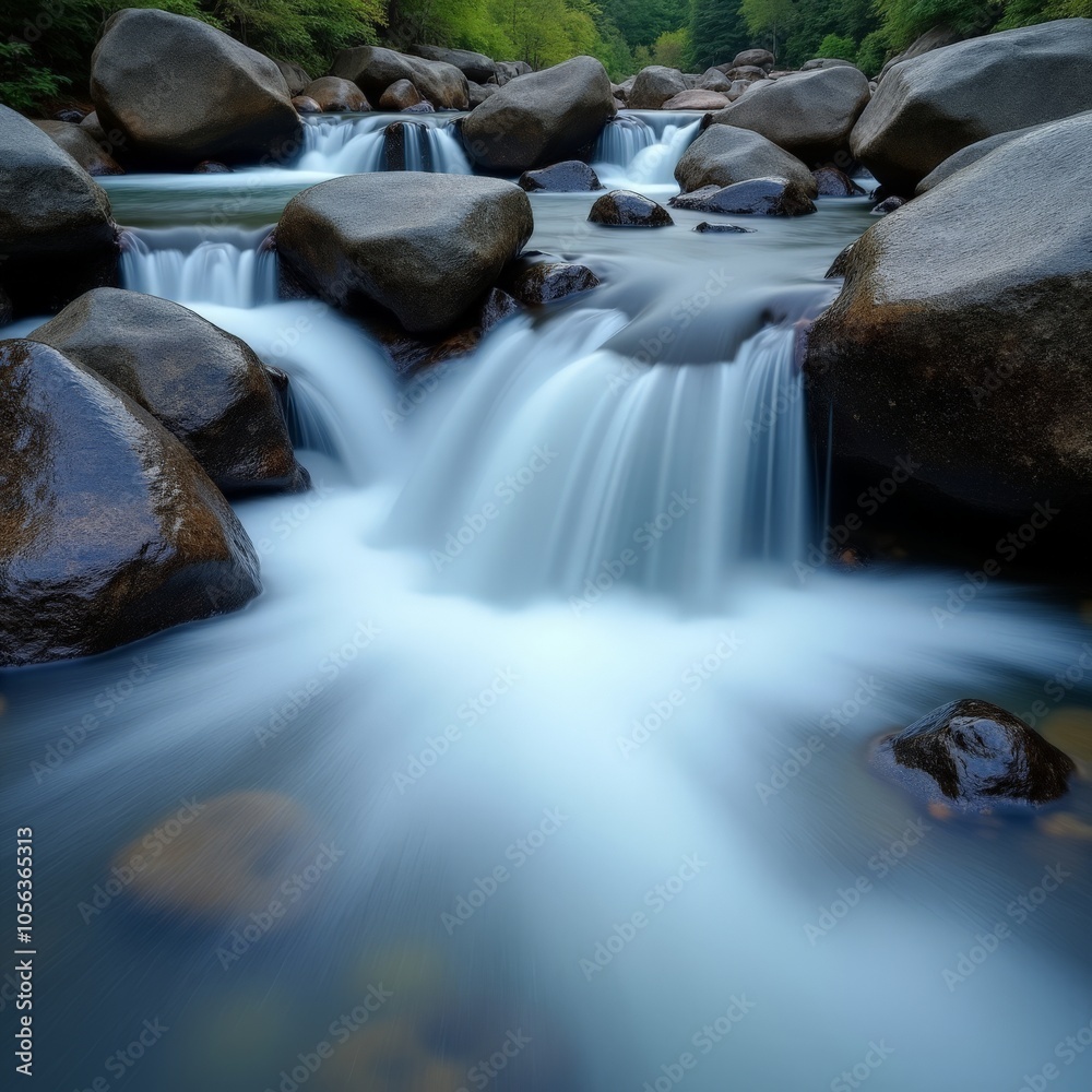 Serene Waterfall and River Scene Captured with Long Exposure Effect Serene Waterfall and River Scene Captured with Long Exposure Effect