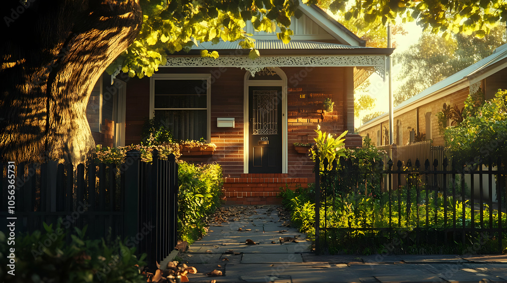 Fototapeta premium Victorian House with Brick Facade and Lush Greenery - Digital Illustration