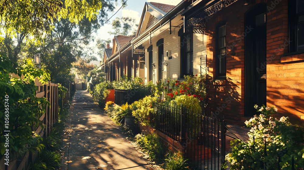 Fototapeta premium Sunlit Alleyway with Houses and Lush Greenery - Photo