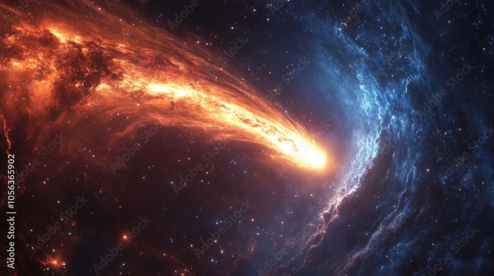 Fototapeta premium comet's brilliant tail illuminates deep space, surrounded by a swirl of distant stars generative ai