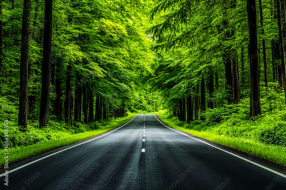 Fototapeta premium Scenic Country Road Through Lush Green Forest Under Clear Blue Sky - Tranquil Nature Landscape