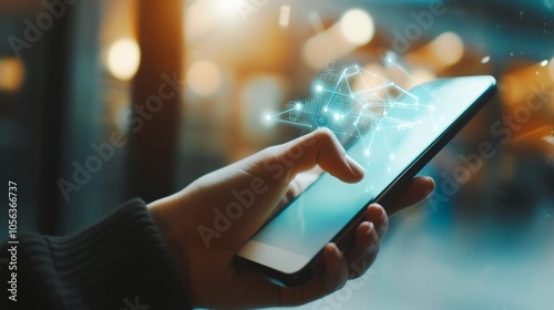 Closeup of a hand holding a glowing transparent smartphone with a futuristic digital interface representing modern technology innovation and connectivity