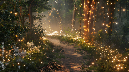 Enchanted forest with fireflies illuminating the path, fantasy illustration, magical and mystical atmosphere, high resolution, Generative AI 