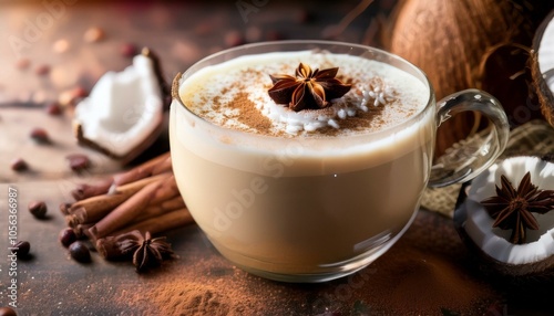 A warm, creamy drink with spices