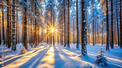 Beautiful winter forest covered in snow under the sunlight in January, Winter, forest, snow, beautiful, sunlight, January, cold