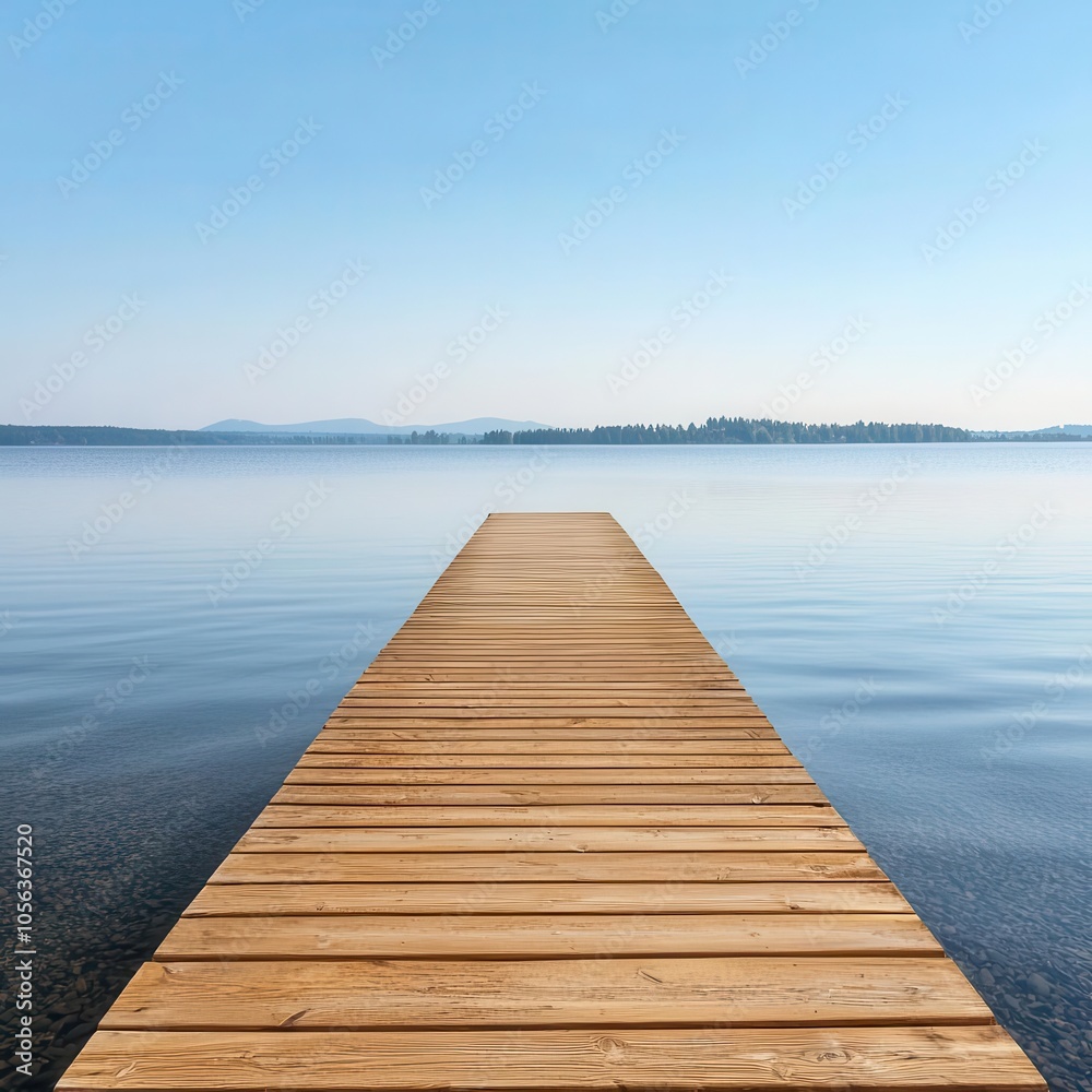 A serene wooden dock extending into a calm, clear lake with a blue sky and distant hills. A serene wooden dock extending into a calm, clear lake with a blue sky and distant hills.