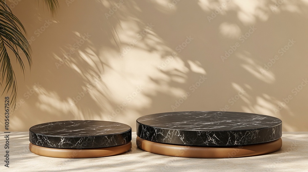 Obraz premium one bigger one smaller sticked together round black tone marble slabs with leather material base podiums for product presentation ,beige tone background, generative ai