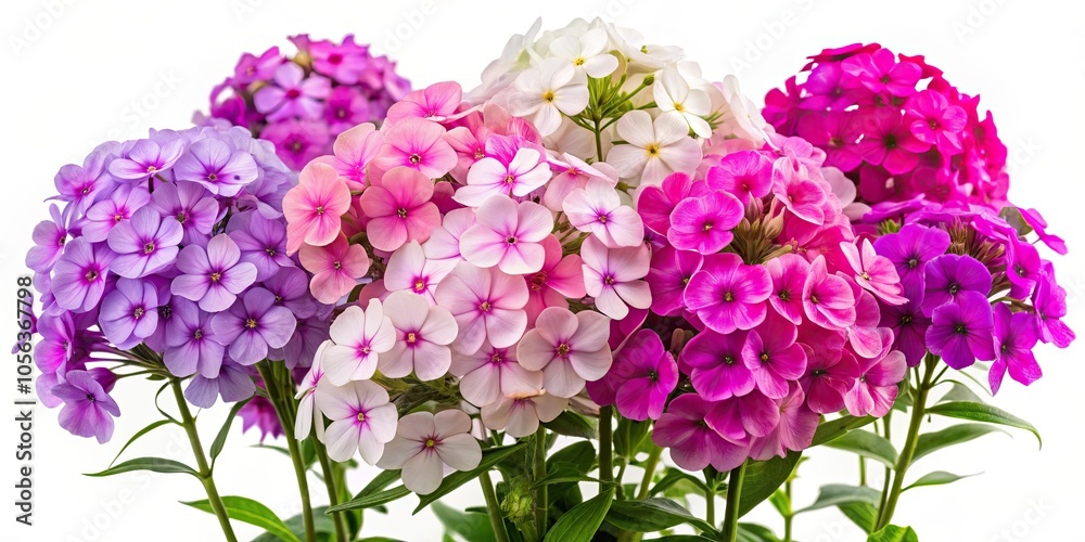 Vibrant phlox flowers in full bloom isolated on a white background, phlox, flowers, vibrant, isolated, white background