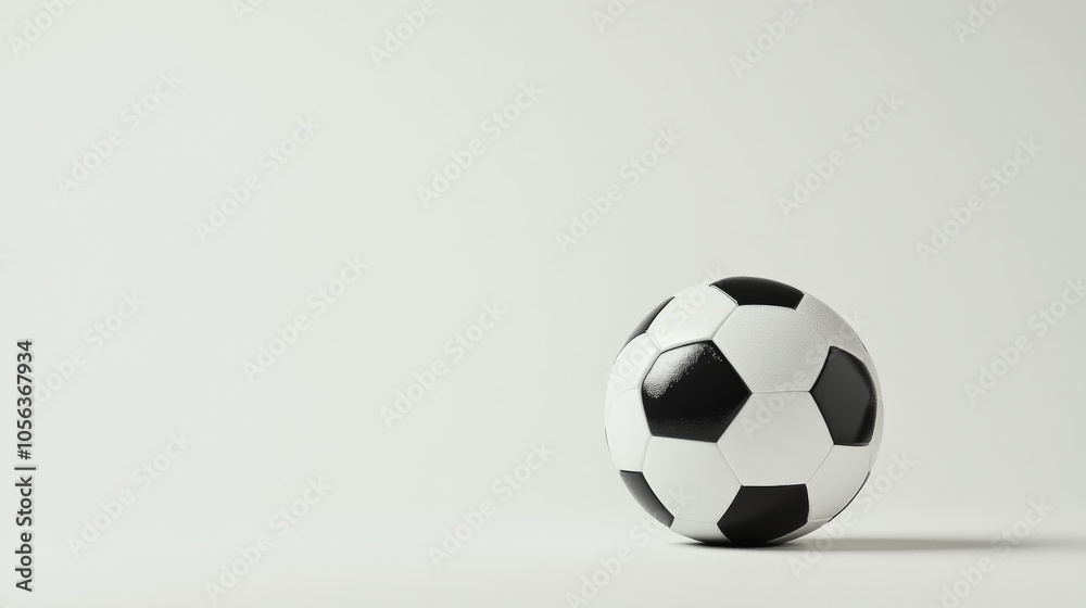 Clean white backdrop with a classic black and white soccer ball, capturing the essence of traditional soccer ball design Clean white backdrop with a classic black and white soccer ball, capturing the essence of traditional soccer ball design