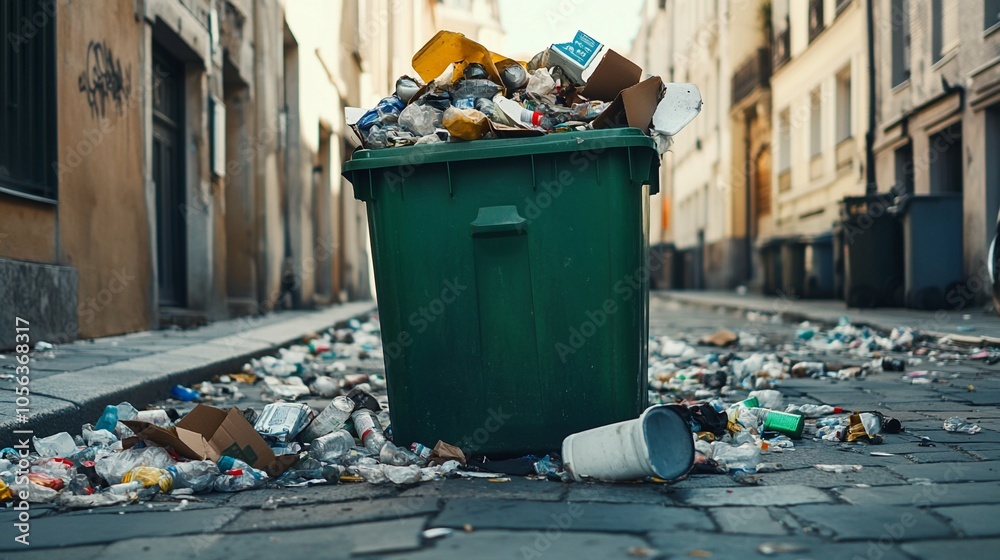 Fototapeta premium Overflowing trash container and discarded waste and litter scattered across an abandoned and neglected city street