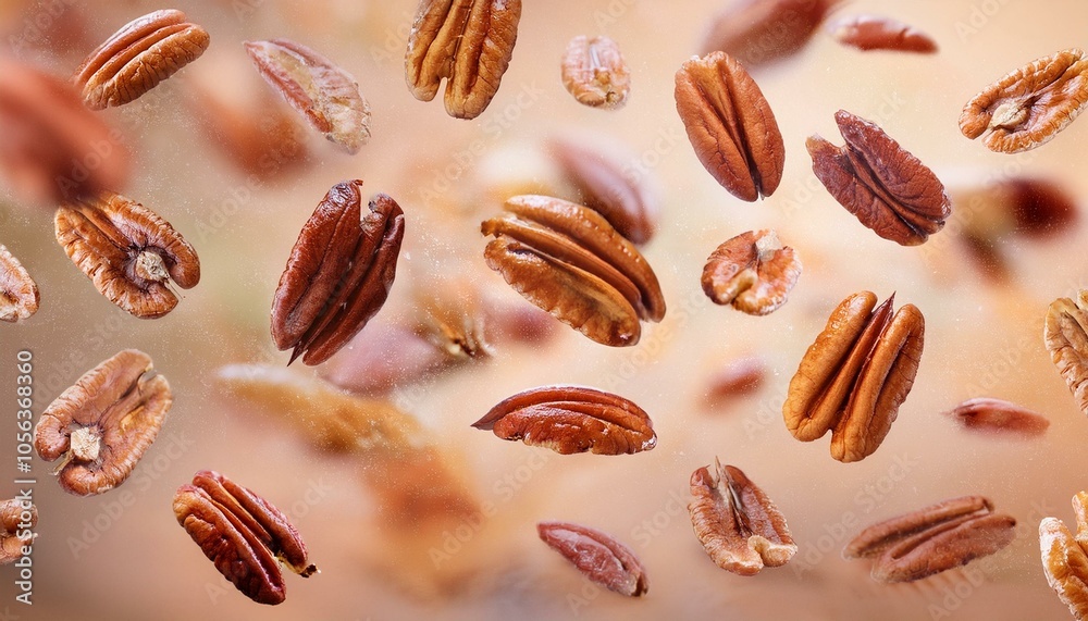 Pecans falling on a light background