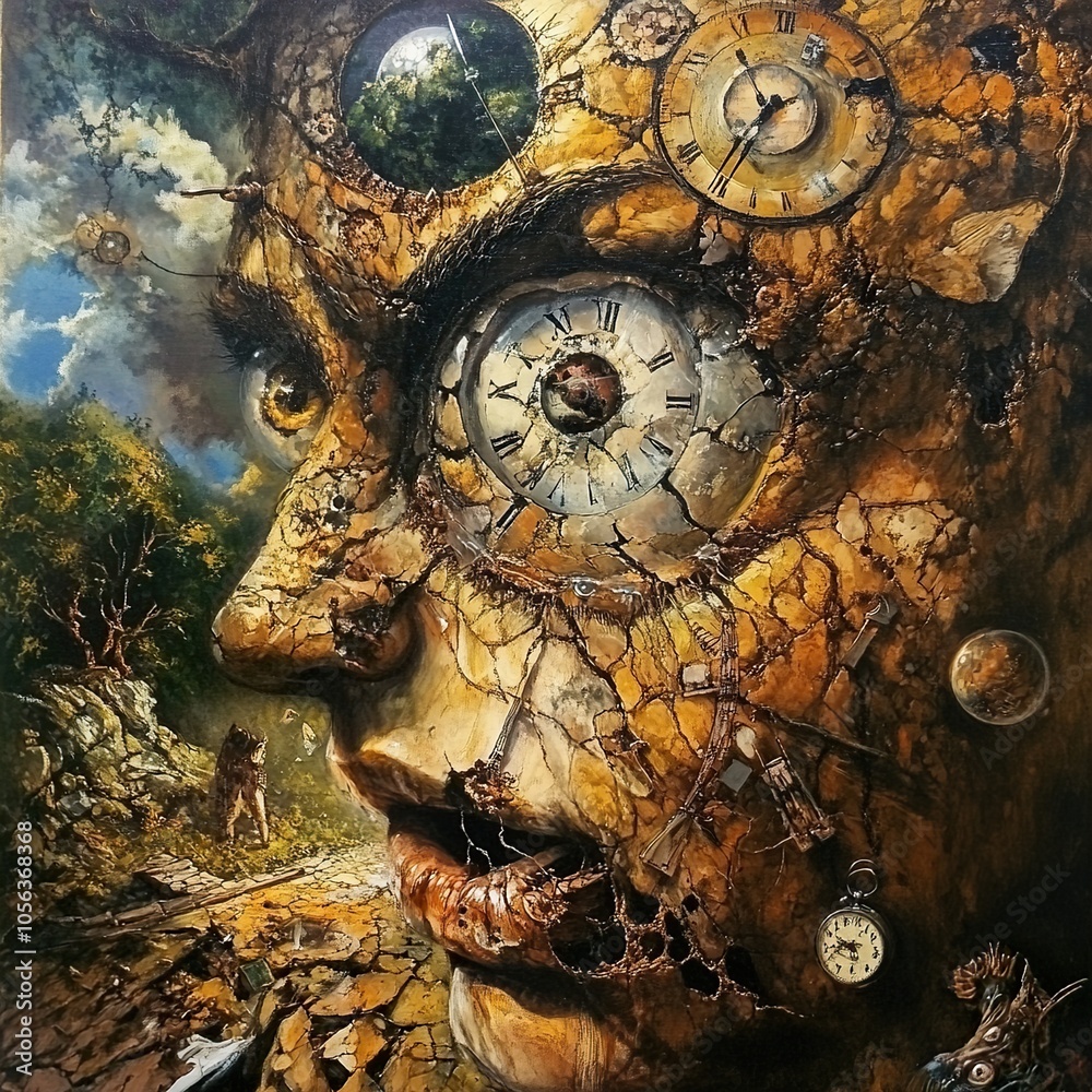 Fototapeta premium Surreal Face with Clocks and Time