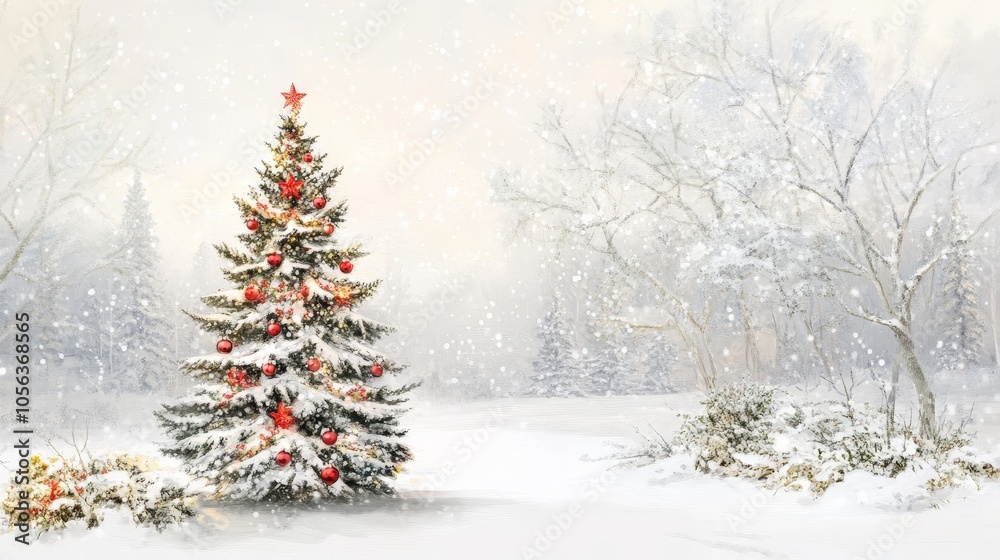 Clean white background featuring a magical snowy Christmas scene with a beautifully adorned tree and festive elements Clean white background featuring a magical snowy Christmas scene with a beautifully adorned tree and festive elements
