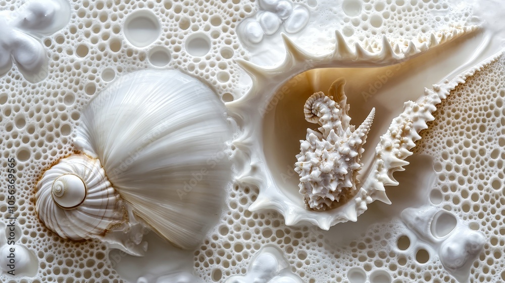 Clean white canvas displaying a close-up of a conch shell and clam, showcasing their intricate patterns and marine elegance Clean white canvas displaying a close-up of a conch shell and clam, showcasing their intricate patterns and marine elegance