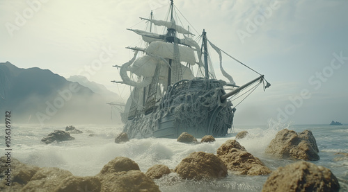 A cinematic still of a pirate ship made out of sea foam, with rocks in the background.