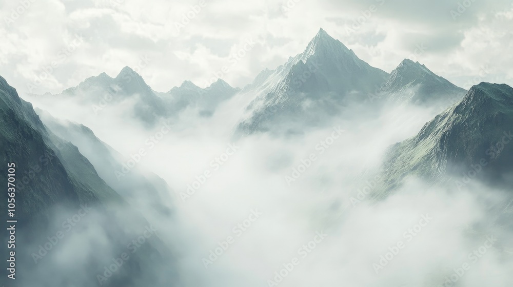 Clean white canvas displaying a mist-covered mountain range, capturing the peaceful ambiance of the fog enveloping the serene, lofty peaks Clean white canvas displaying a mist-covered mountain range, capturing the peaceful ambiance of the fog enveloping the serene, lofty peaks