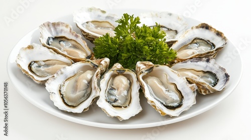 Clean white canvas displaying a plate of fresh oysters, emphasizing their natural freshness and the invertebrate details of the seafood photo