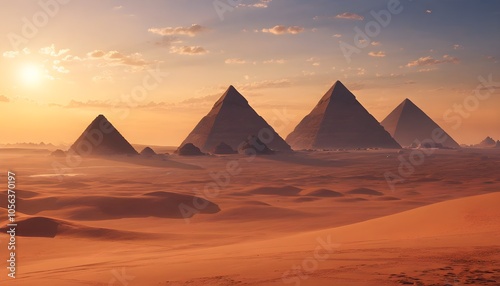 Majestic silhouette of Egyptian pyramids against a stunning sunset backdrop