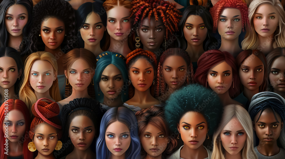 A large group of fictional women representing different ethnicities. A large group of fictional women representing different ethnicities.