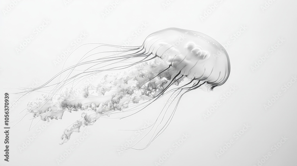 Clean white canvas featuring a beautiful jellyfish, with its intricate bell and flowing tentacles creating a serene aquatic scene Clean white canvas featuring a beautiful jellyfish, with its intricate bell and flowing tentacles creating a serene aquatic scene