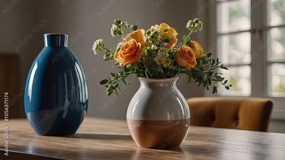 A table with decorative vases and a floral arrangement. A table with decorative vases and a floral arrangement.