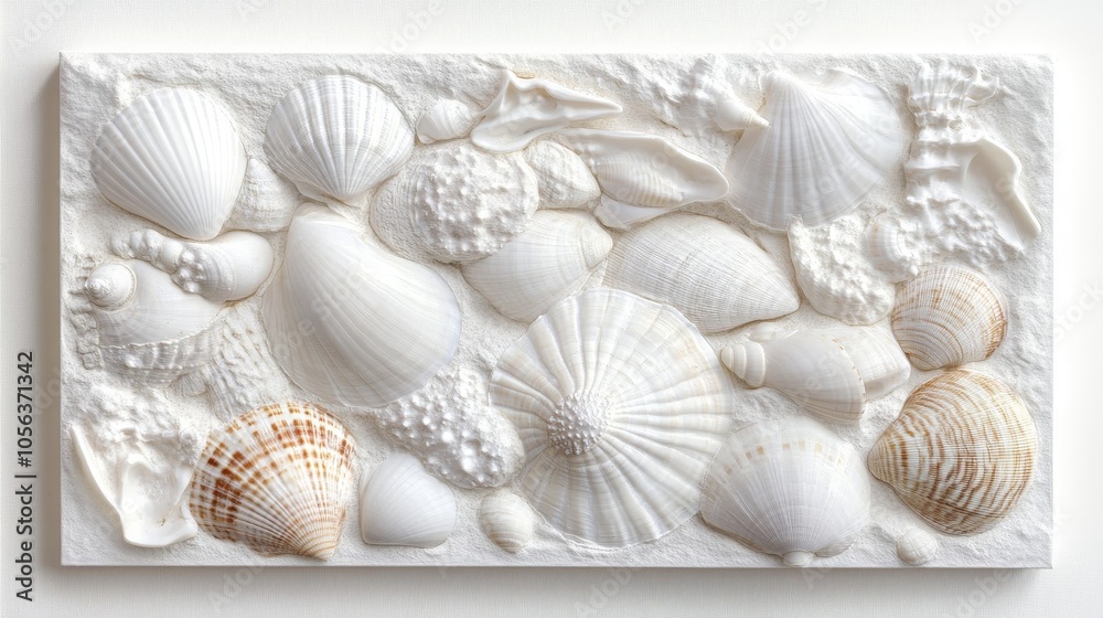 Clean white canvas featuring a detailed view of clams and seashells, showcasing their natural beauty and the textures of these ocean finds Clean white canvas featuring a detailed view of clams and seashells, showcasing their natural beauty and the textures of these ocean finds